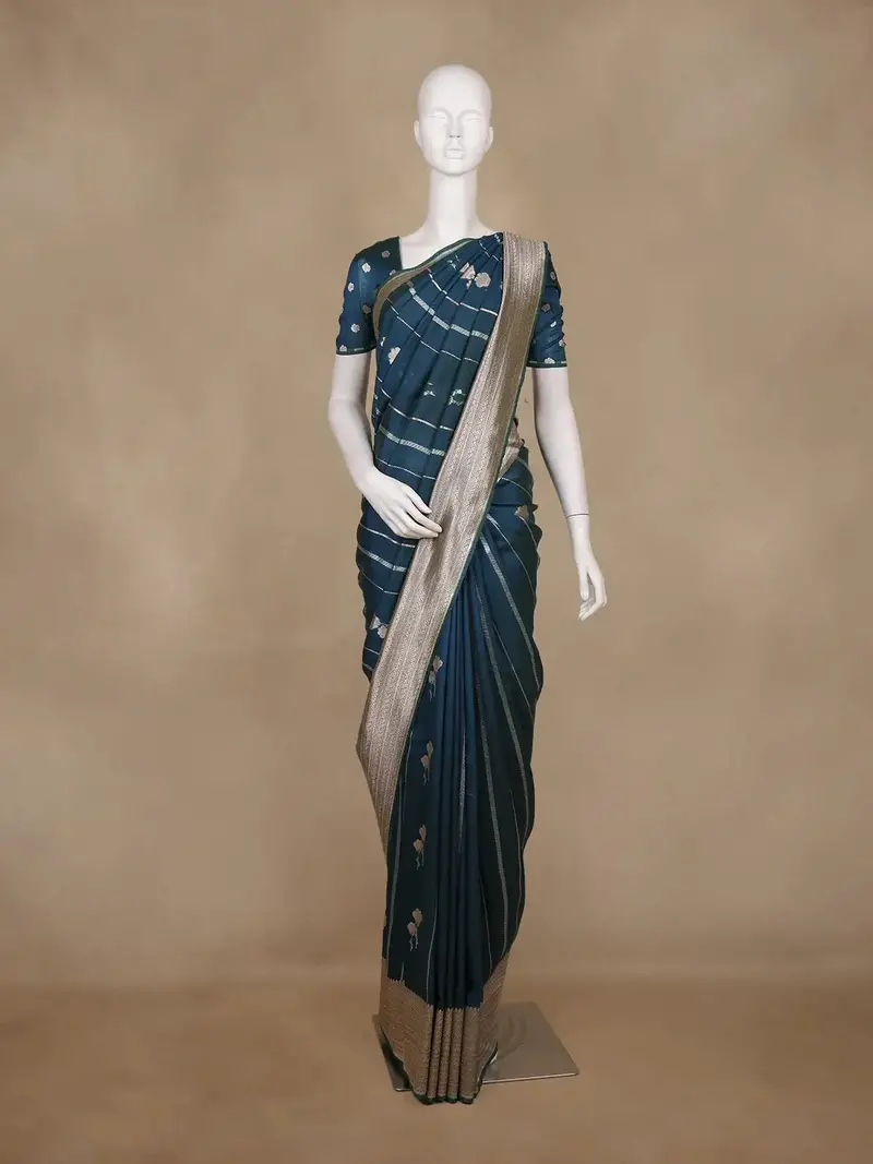 Teal Blue Stripes And Floral Woven Banarasi Silk Saree With Zari Border 1
