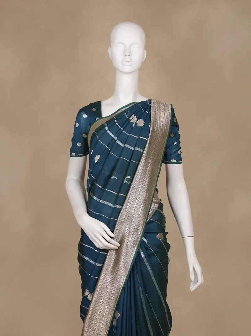 Teal Blue Stripes And Floral Woven Banarasi Silk Saree With Zari Border 2