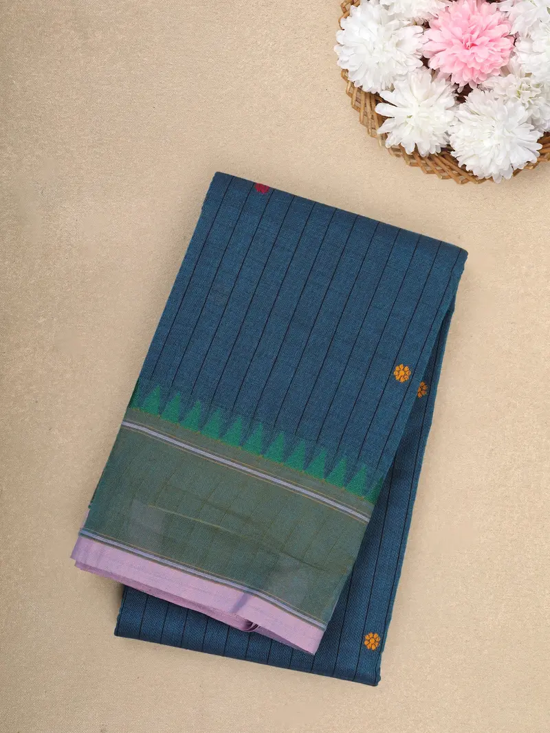 Teal Blue Stripes Design Cotton Saree With Contrast Green Border 1