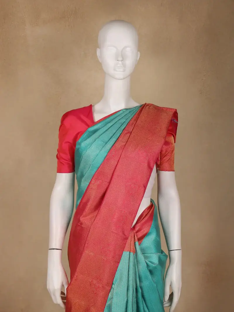 Teal Blue Stripes Zari Design Silk Saree 2