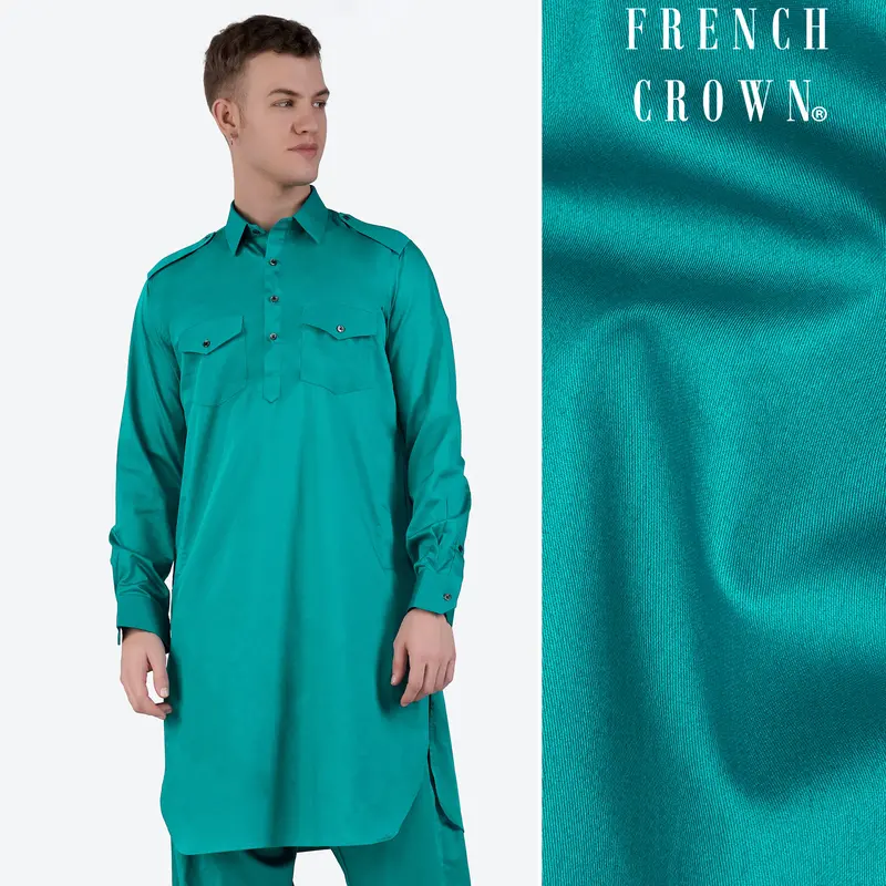 Teal Blue Subtle Sheen Super Soft Premium Cotton Pathani Kurta 1