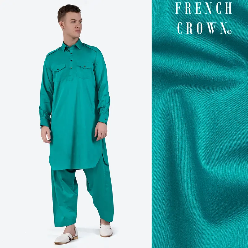 Teal Blue Subtle Sheen Super Soft Premium Cotton Pathani Set 1