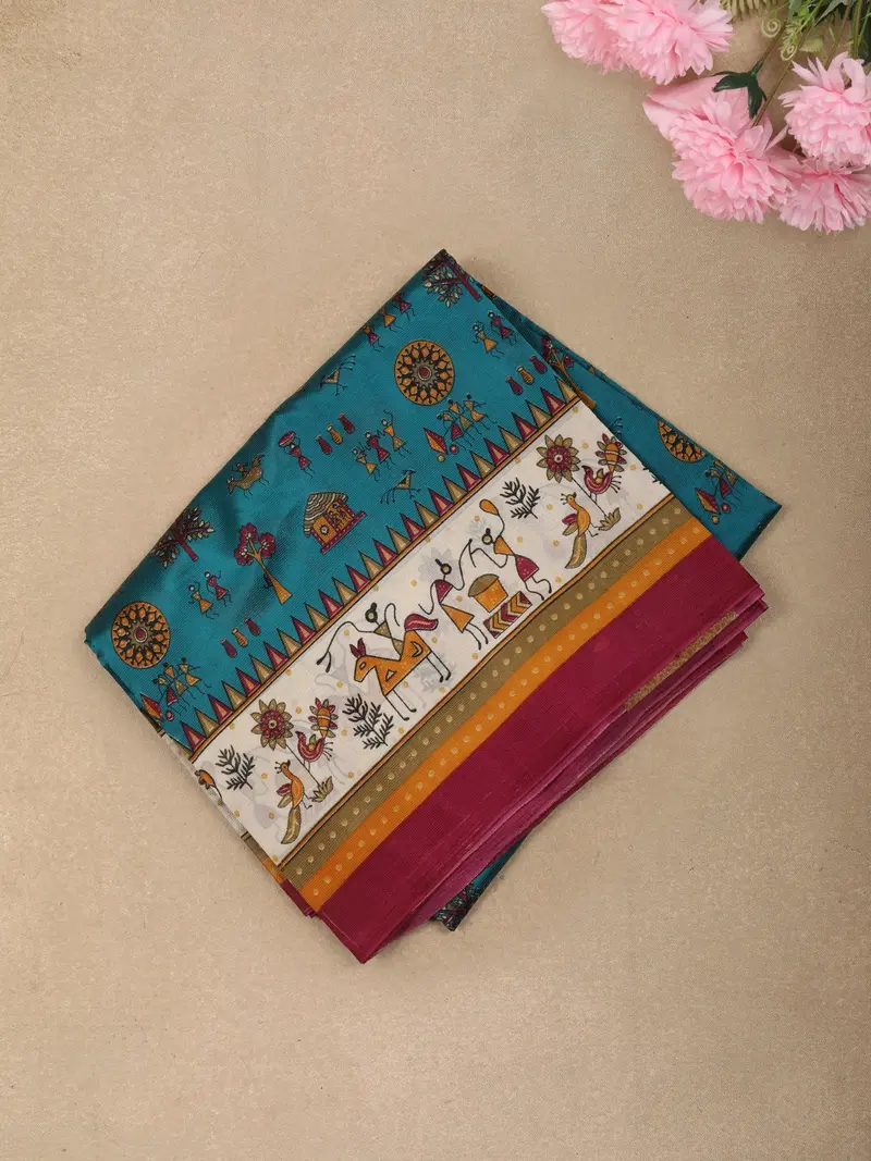 Teal Blue Traditional  Folk Printed Design Crepe Casual Wear Saree 1