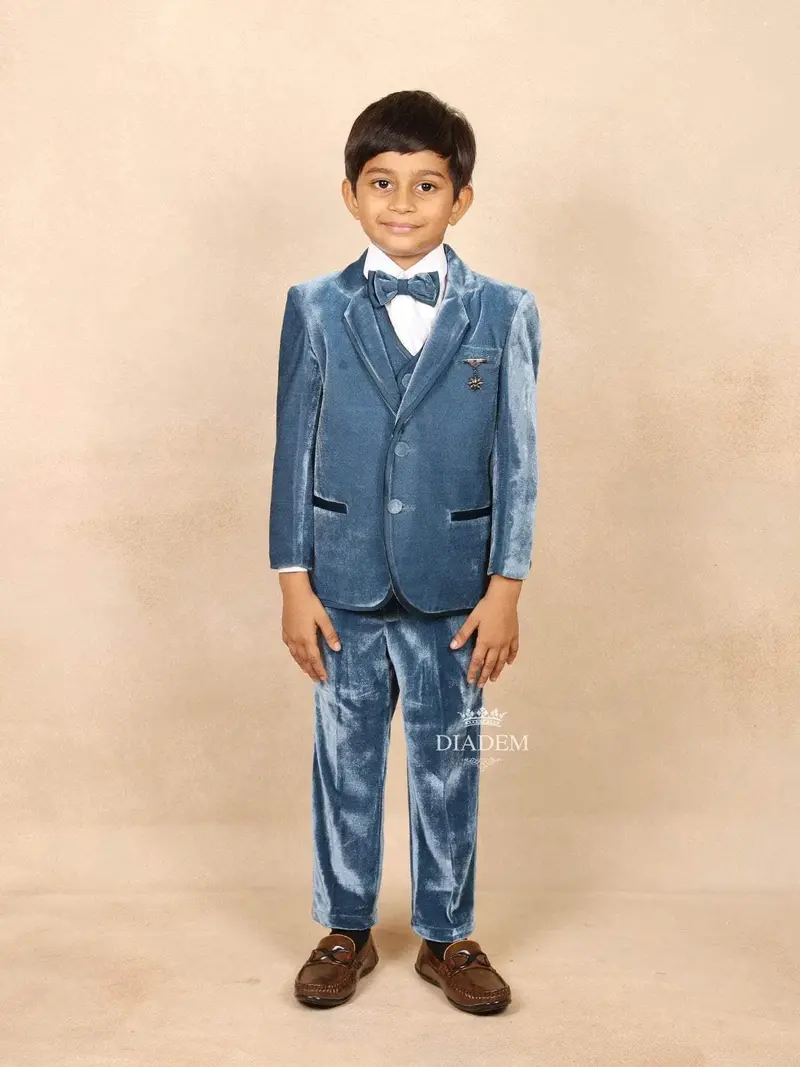Teal Blue Velvet Coat Suit Paired With Bow And Brooch 1