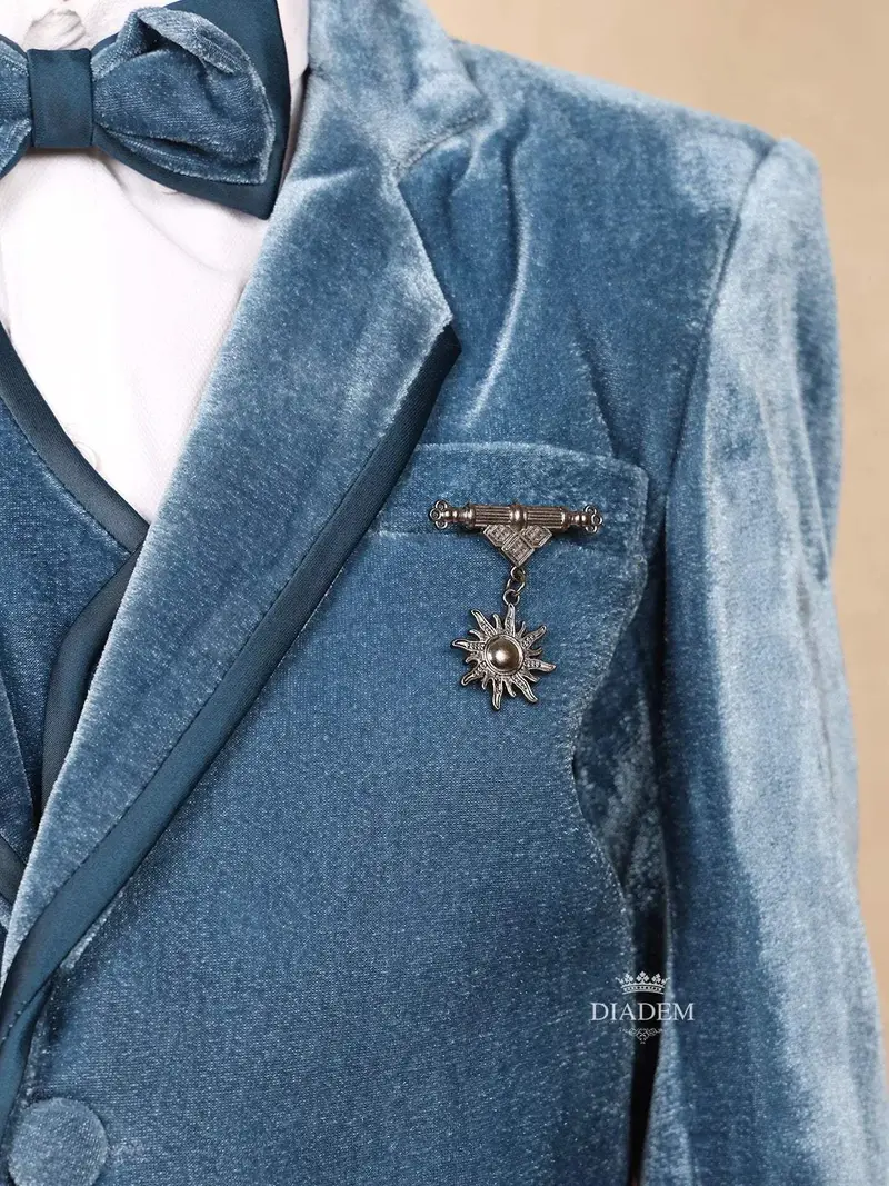 Teal Blue Velvet Coat Suit Paired With Bow And Brooch 5