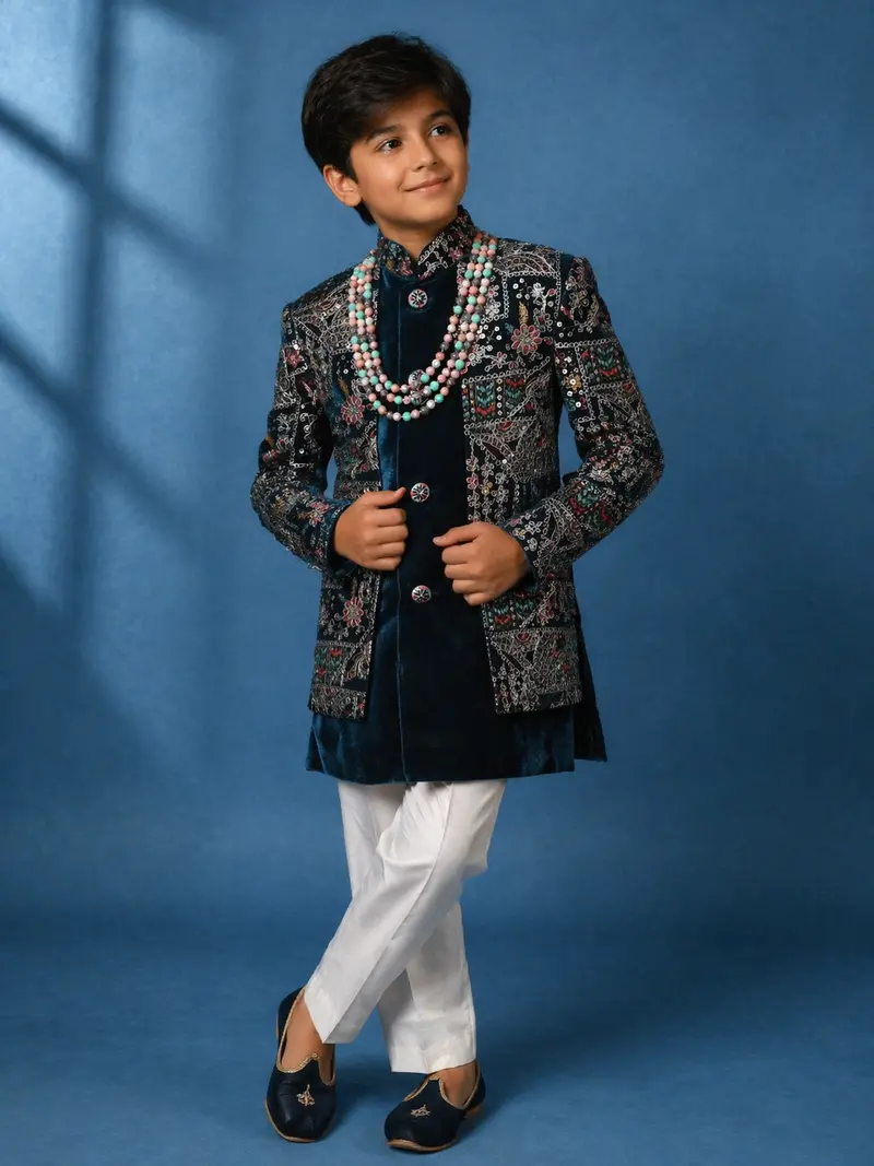 Teal Blue Velvet Floral Embroidery Sherwani And Pant Set 1