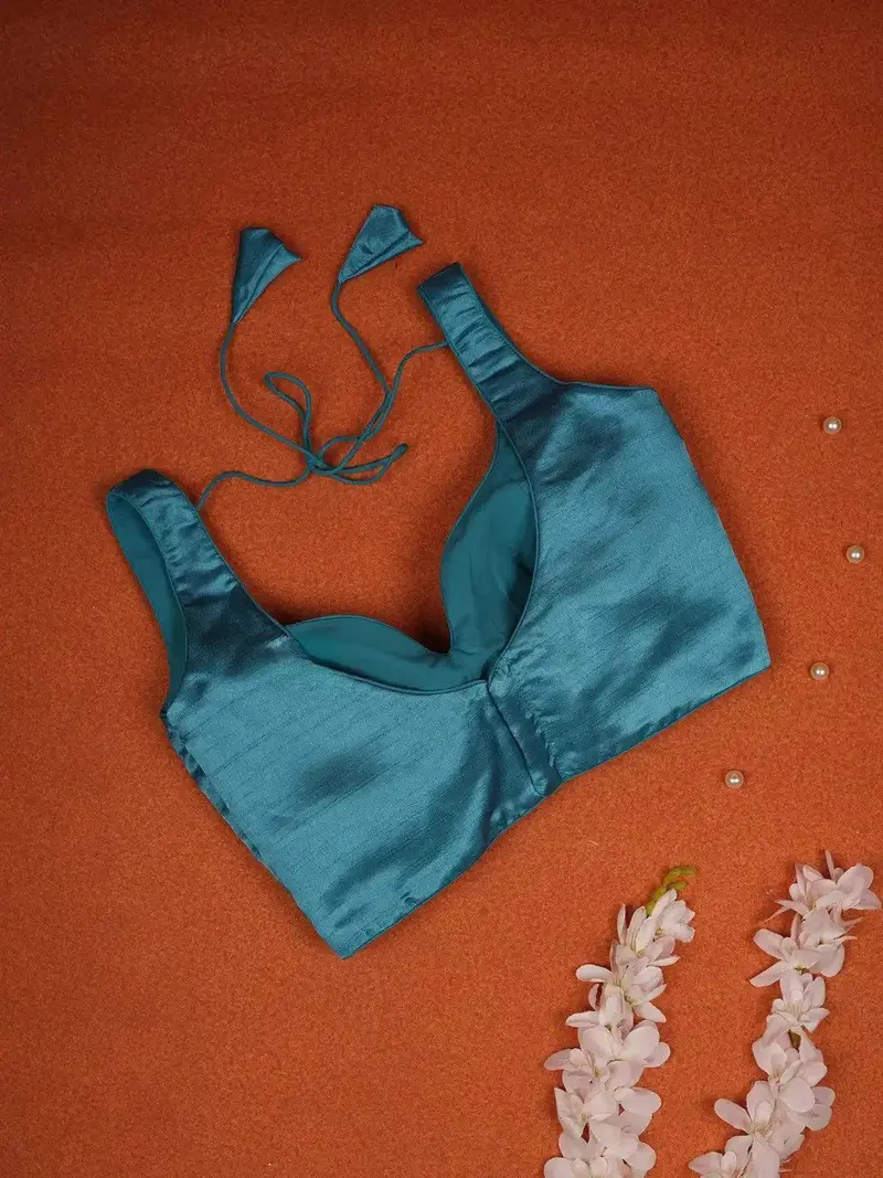 Teal Blue Velvet Readymade Blouse Adorned With Plain And Sleeveless Design 1