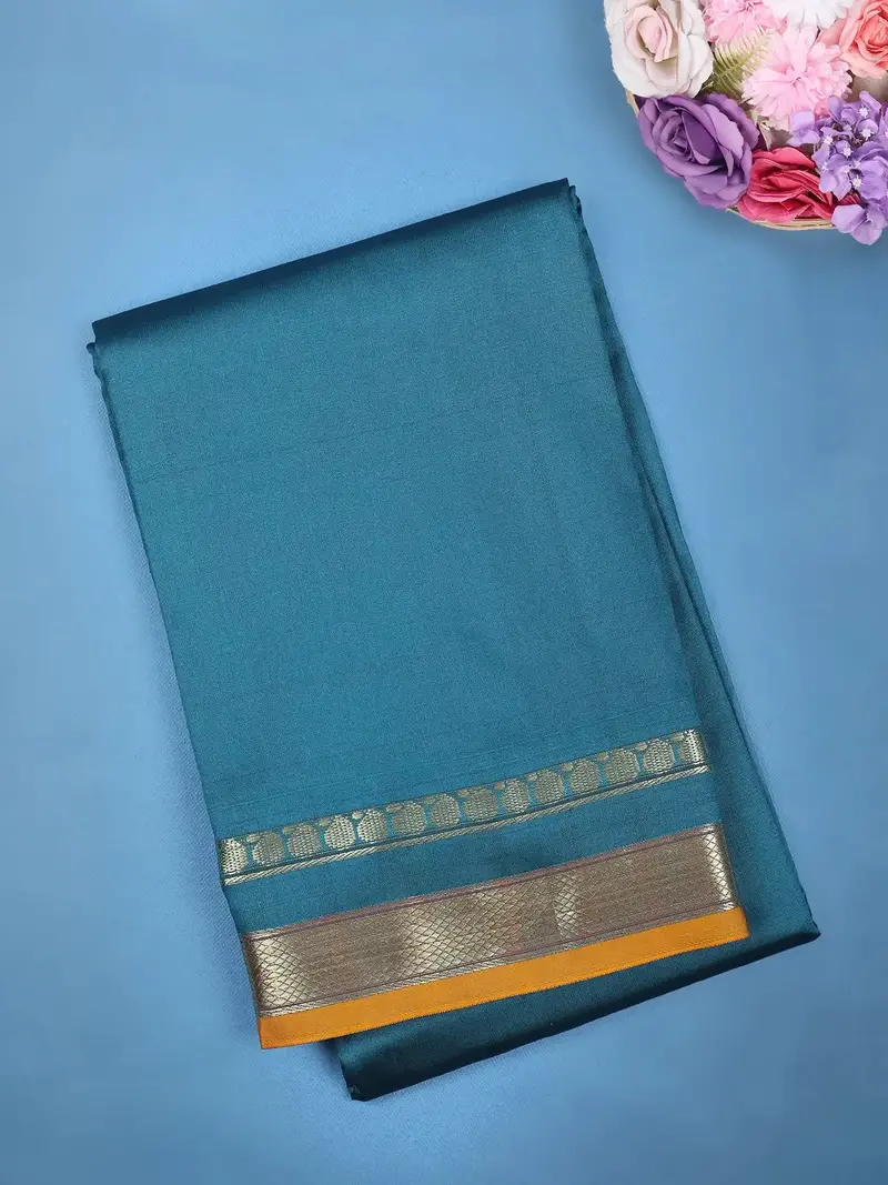 Teal Blue With A Gold Zari Border Soft Silk Saree 1