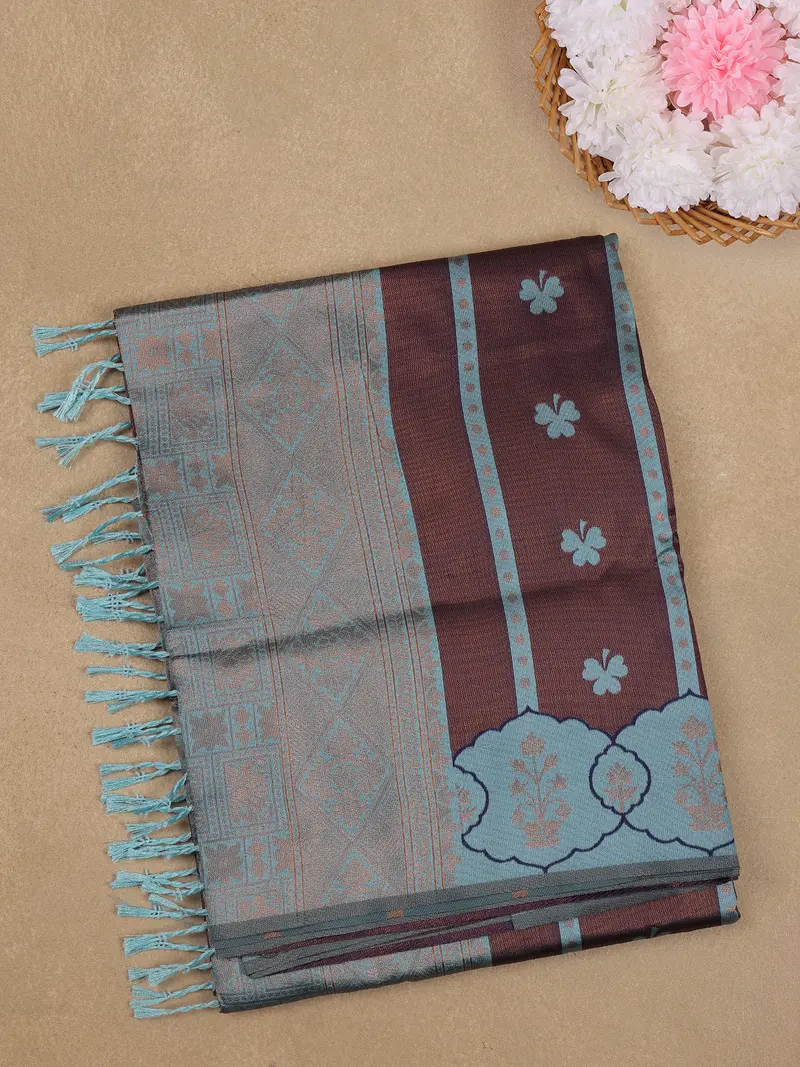 Teal Blue Woven Art Silk Saree With Geometric Zari Border 1