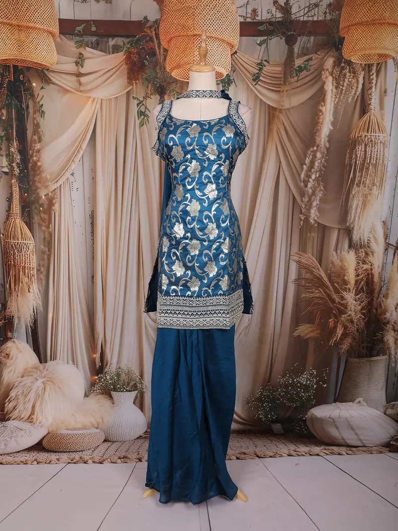 Teal Blue Zari Woven Design Silk Palazzo Suit With Dupatta 1