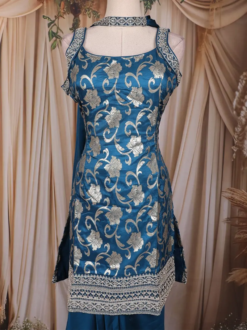 Teal Blue Zari Woven Design Silk Palazzo Suit With Dupatta 2
