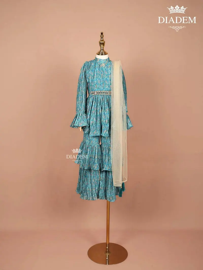 Teal Crushed Silk Sharara Set Adorned With Floral Prints And Mirror Work, Paired With Dupatta 1
