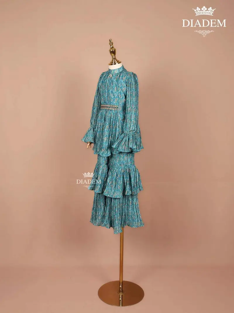 Teal Crushed Silk Sharara Set Adorned With Floral Prints And Mirror Work, Paired With Dupatta 2