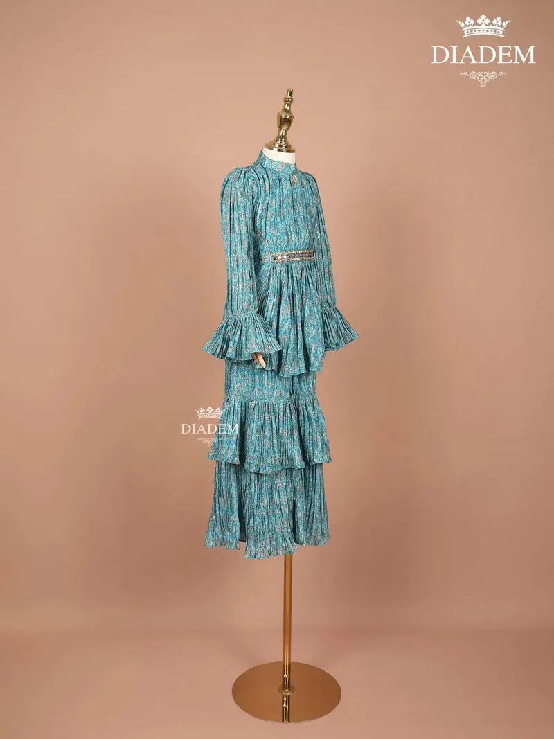 Teal Crushed Silk Sharara Set Adorned With Floral Prints And Mirror Work, Paired With Dupatta 3