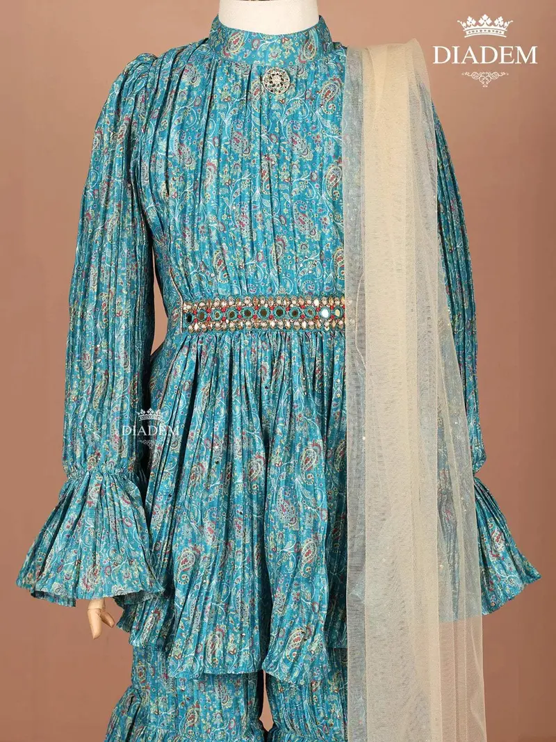Teal Crushed Silk Sharara Set Adorned With Floral Prints And Mirror Work, Paired With Dupatta 4