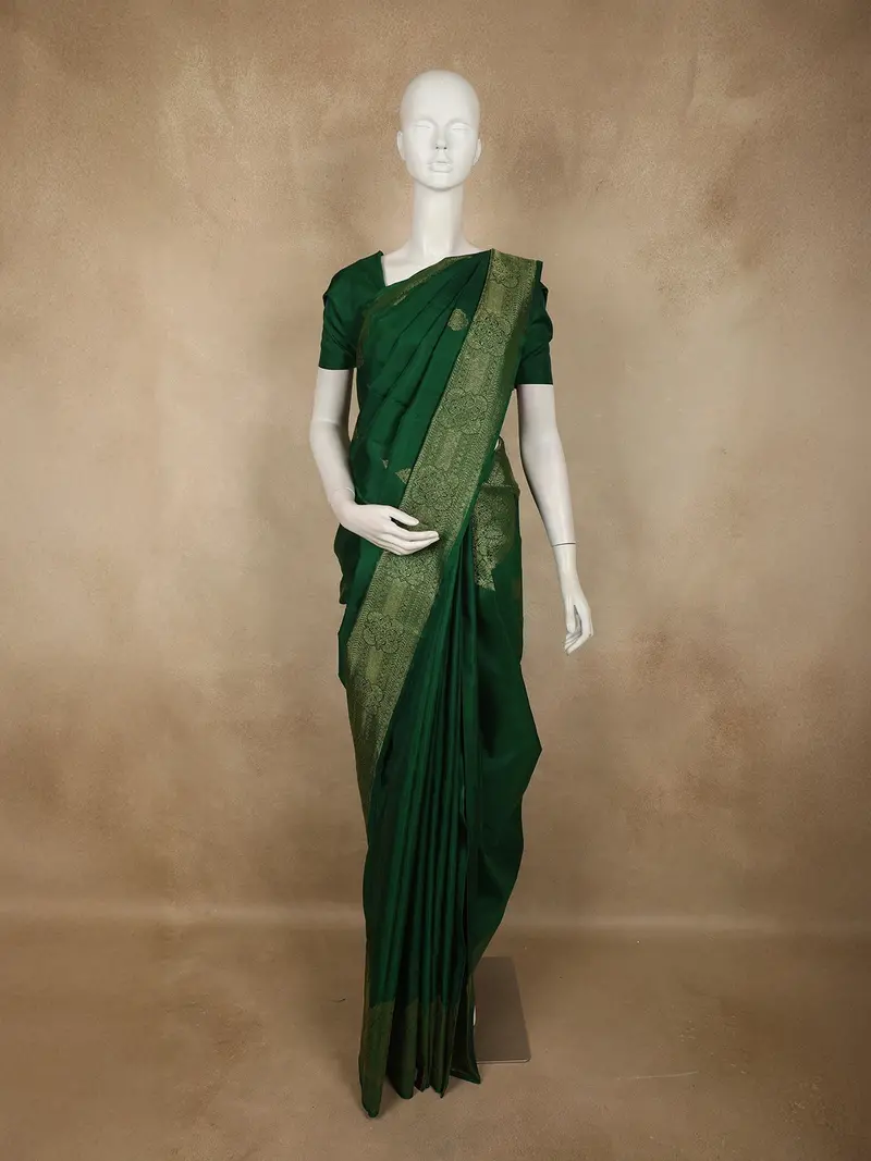 Teal Deep Emerald Green Floral Butta Woven Design Pure Kanchipuram Silk Saree With Zari Border 1