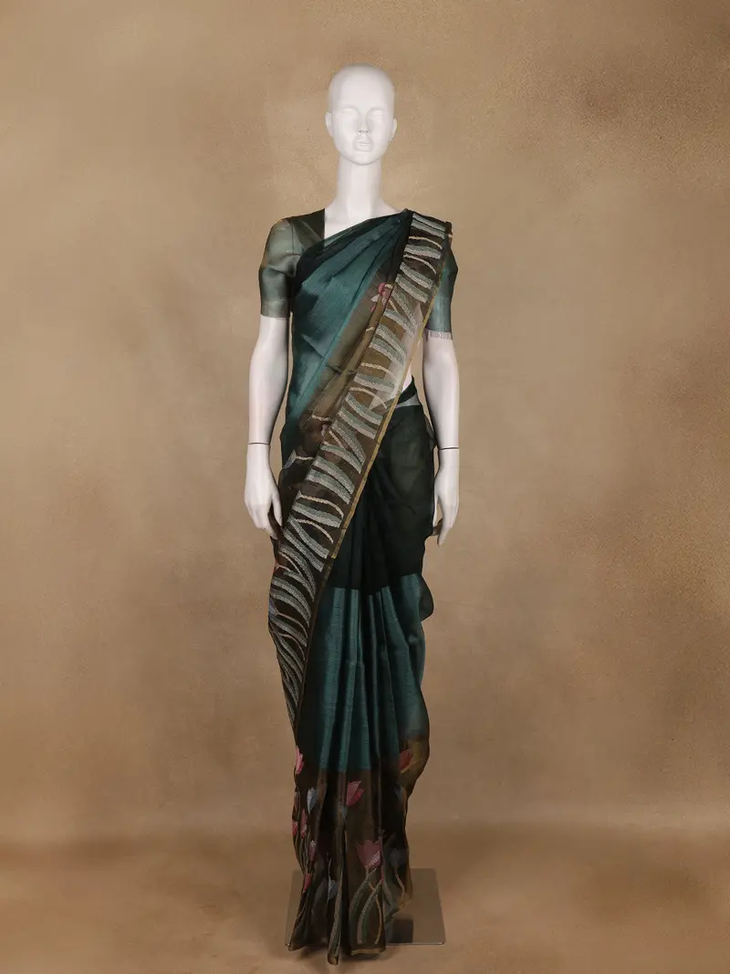 Teal Green Abstract Design Organza Saree 1