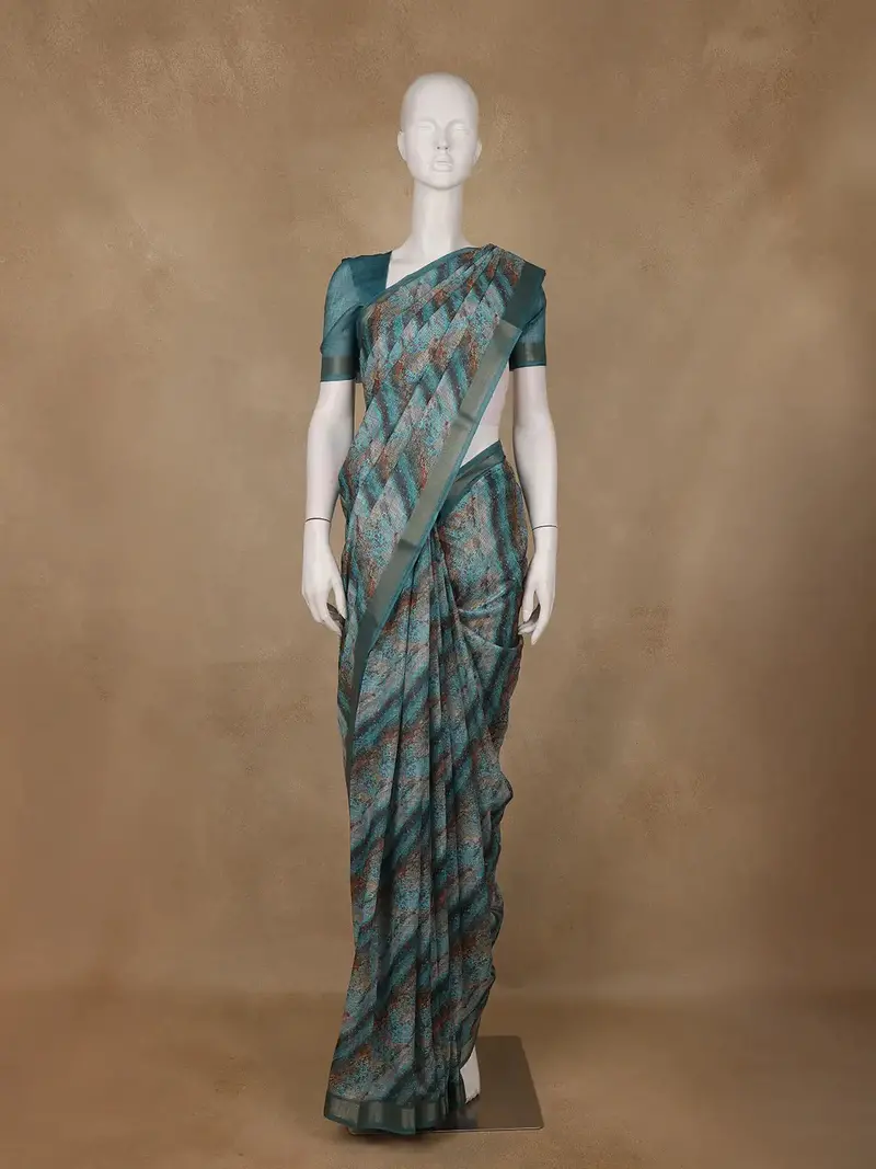 Teal Green Abstract Design Semi Tissue Silk Saree 1