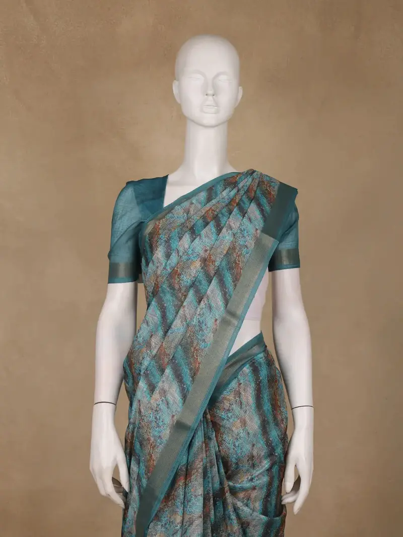 Teal Green Abstract Design Semi Tissue Silk Saree 2