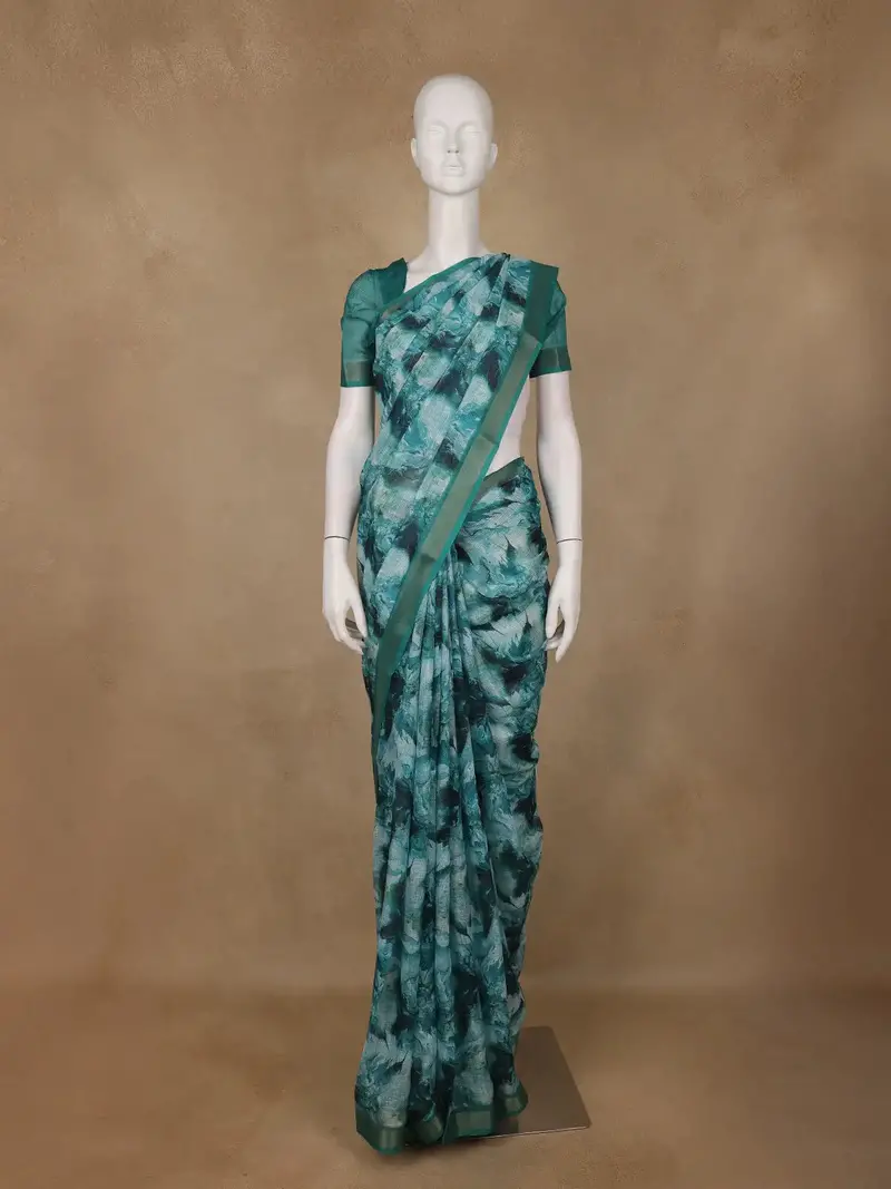 Teal Green Abstract Print Design Linen Cotton Saree 1