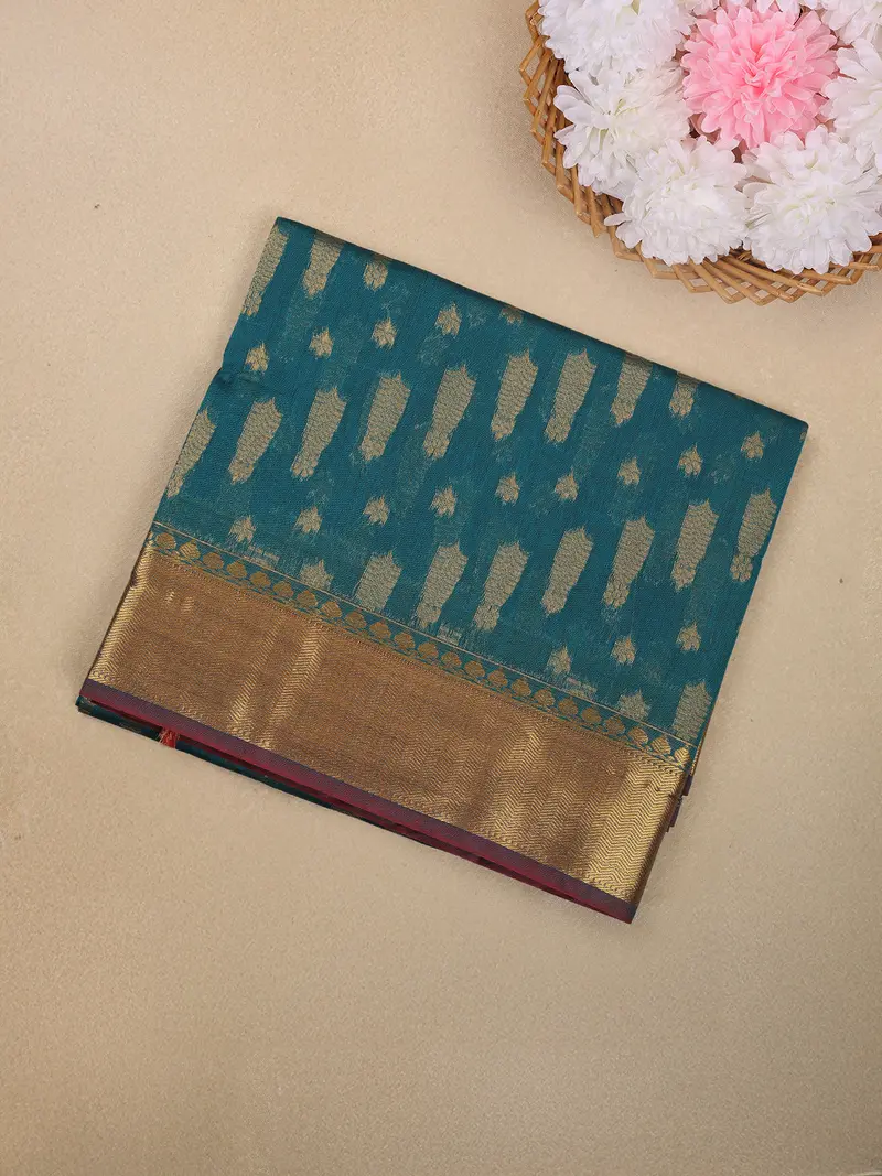 Teal Green Abstract Zari Woven Design Silk Cotton Saree With Contrast Border 1