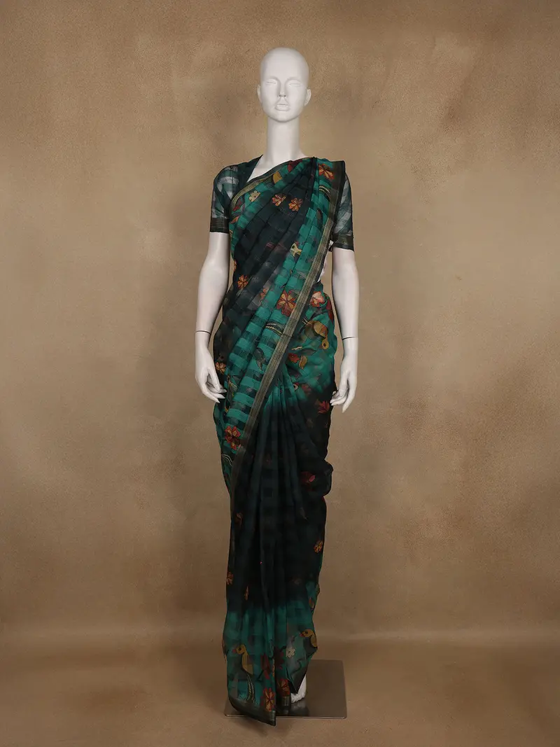 Teal Green And Black Checked Birds Design Cotton Saree 1