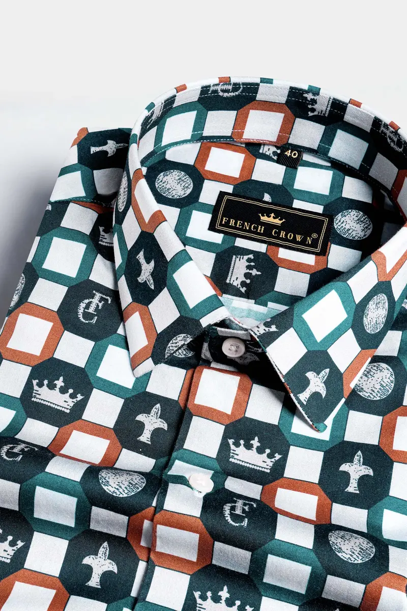 Teal Green And Bright White Multicolour French Crown Elements Printed Subtle Sheen Super Soft Premium Cotton Designer Shirt 1