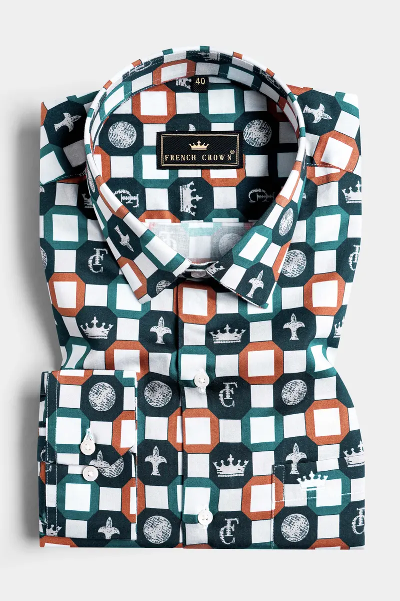 Teal Green And Bright White Multicolour French Crown Elements Printed Subtle Sheen Super Soft Premium Cotton Designer Shirt 3