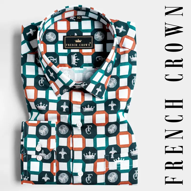 Teal Green And Bright White Multicolour French Crown Elements Printed Subtle Sheen Super Soft Premium Cotton Designer Shirt 4