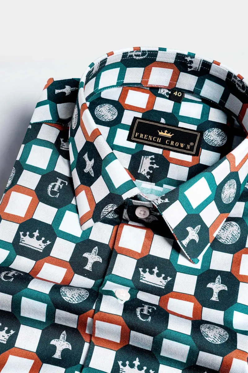 Teal Green And Bright White Multicolour French Crown Elements Printed Subtle Sheen Super Soft Premium Cotton Designer Shirt 7