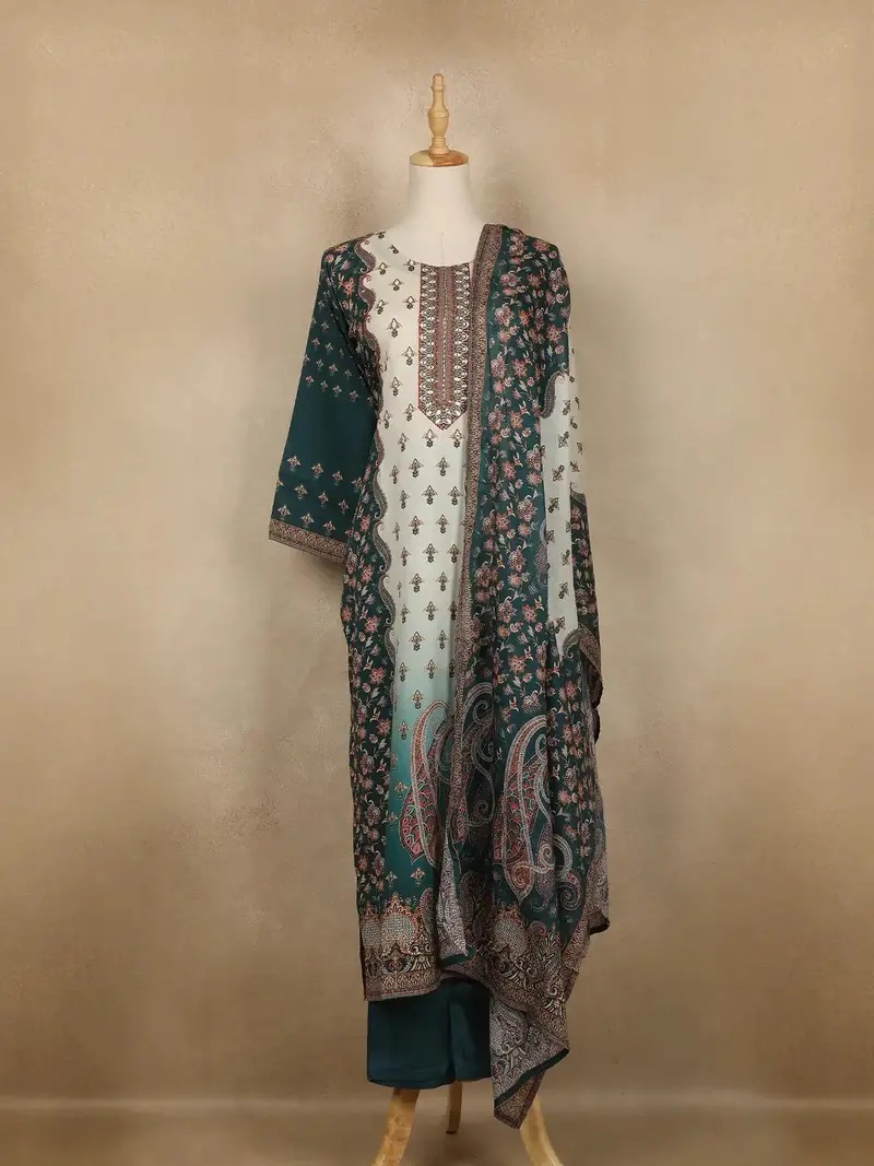 Teal Green And Cream Floral Printed Cotton Salwar Suit With Dupatta 1