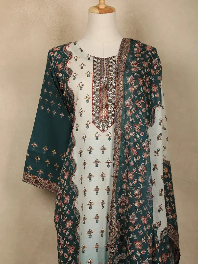 Teal Green And Cream Floral Printed Cotton Salwar Suit With Dupatta 2