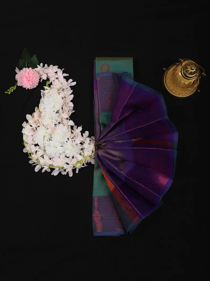 Teal Green And Purple Butta Design Soft Silk Saree With Contrast Border 1