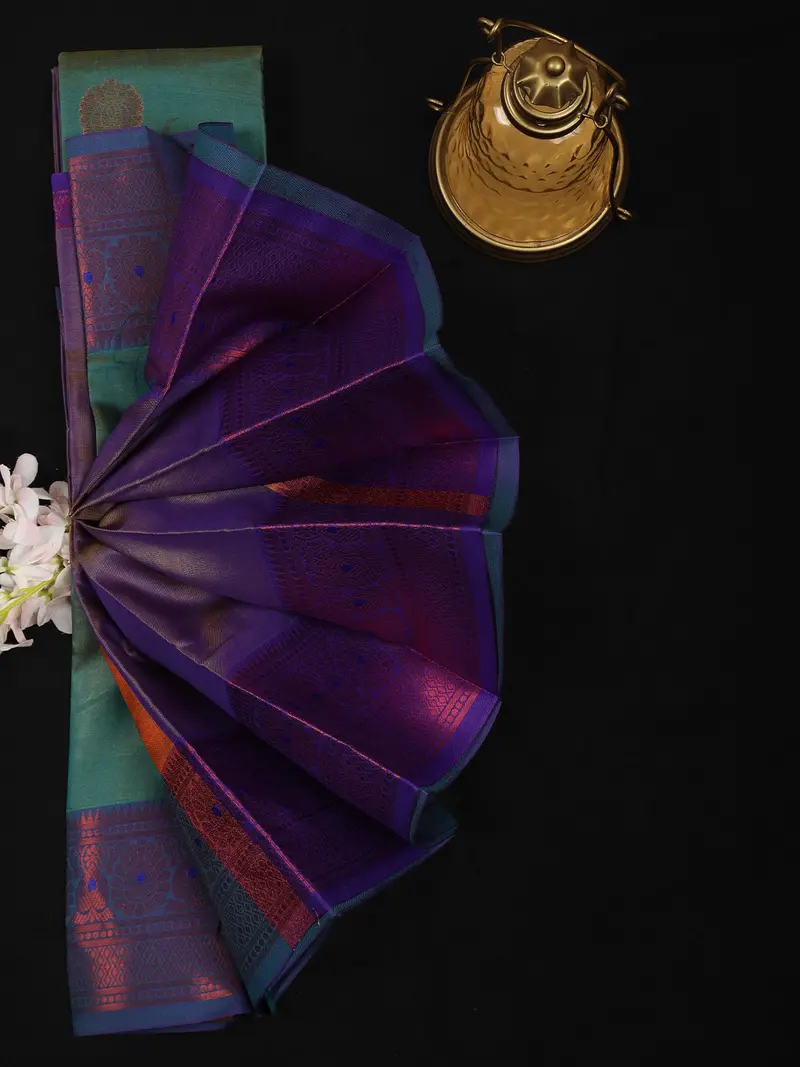 Teal Green And Purple Butta Design Soft Silk Saree With Contrast Border 2