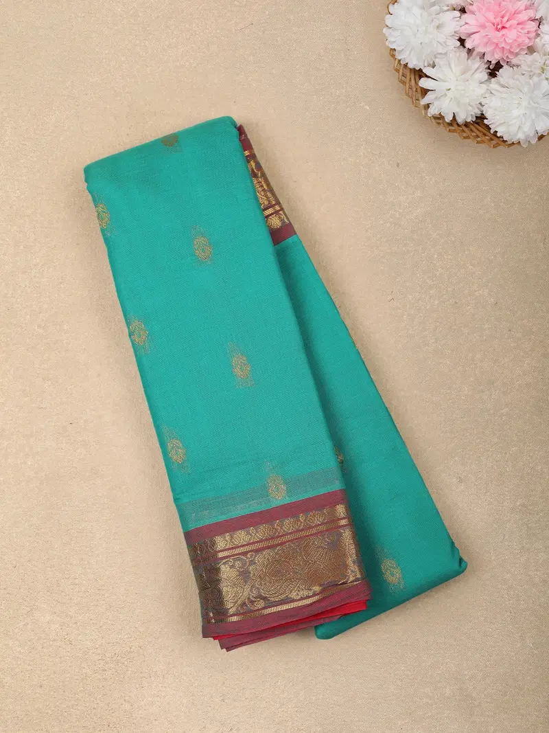 Teal Green Butta Woven Design Cotton Saree With Contrast Border 1