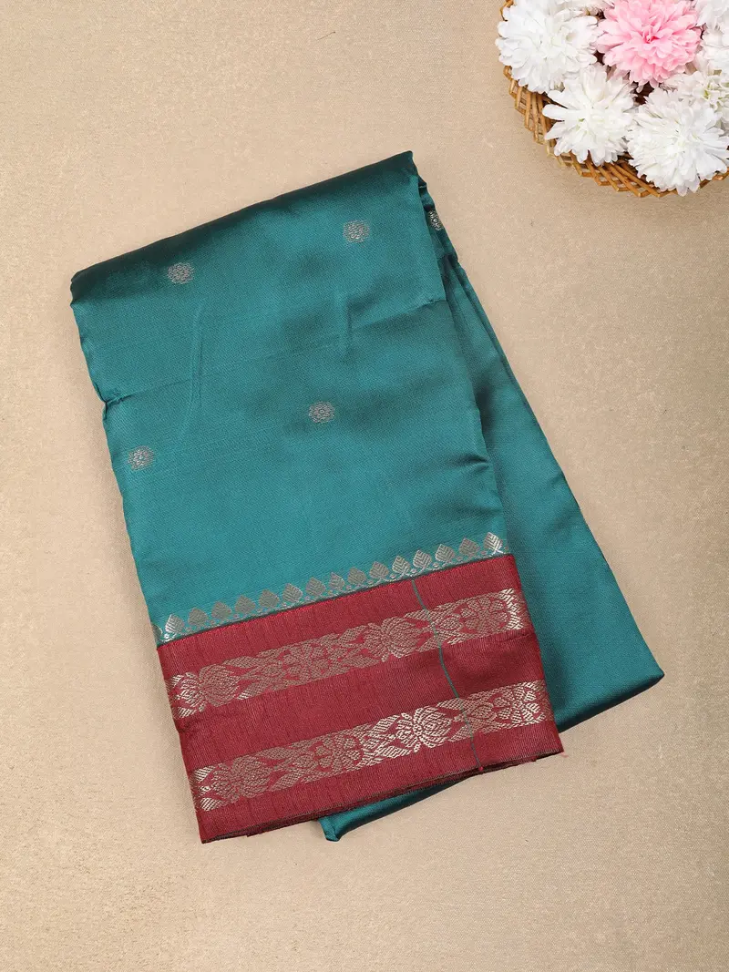 Teal Green Butta Woven Design Soft Silk Fancy Wear Saree With Contrast Zari Border 1