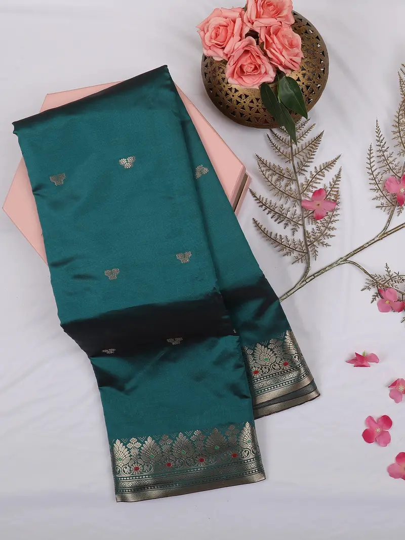 Teal Green Butta Woven Design Soft Silk Saree With Silver Zari Floral Border 1