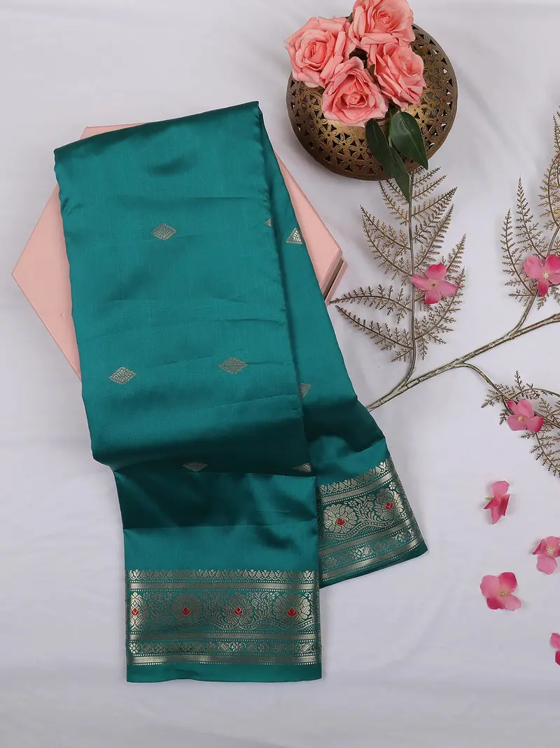 Teal Green Butta Woven Soft Silk Saree With Zari Border 1