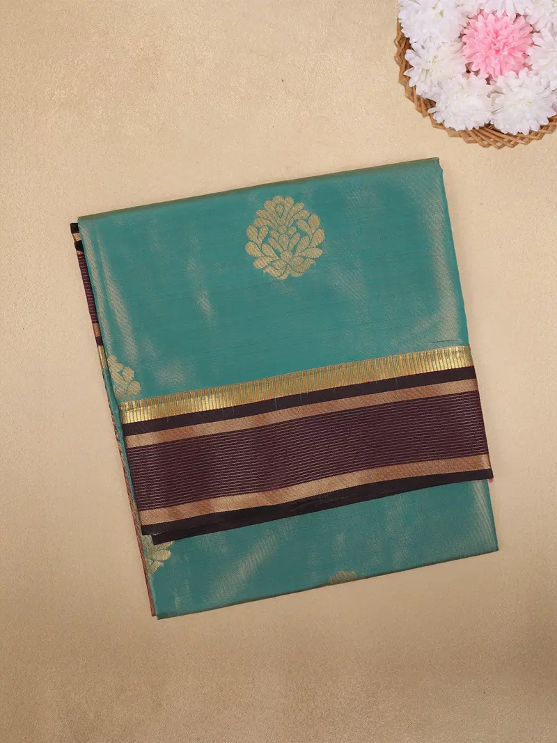 Teal Green Butta Woven Tissue Saree With Contrast Maroon Zari Border 1