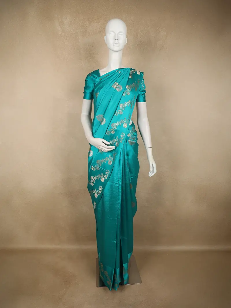 Teal Green Butta Zari Woven Design Pure Banarasi Silk Saree With Floral Border 1