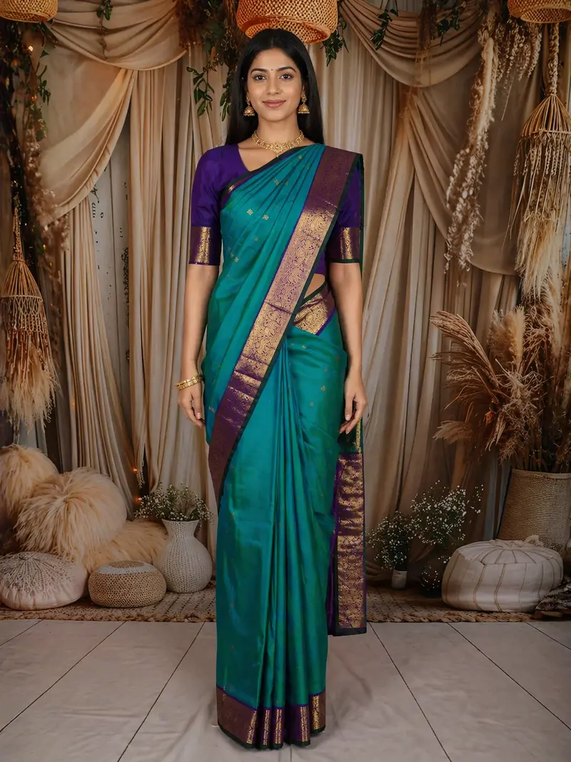 Teal Green Butta Zari Woven Design Pure Kanchipuram Silk Saree With Contrast Zari Border 1