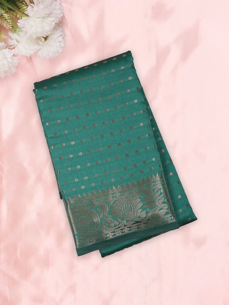 Teal Green Butta Zari Woven Design Semi Silk Saree With Floral Border 1