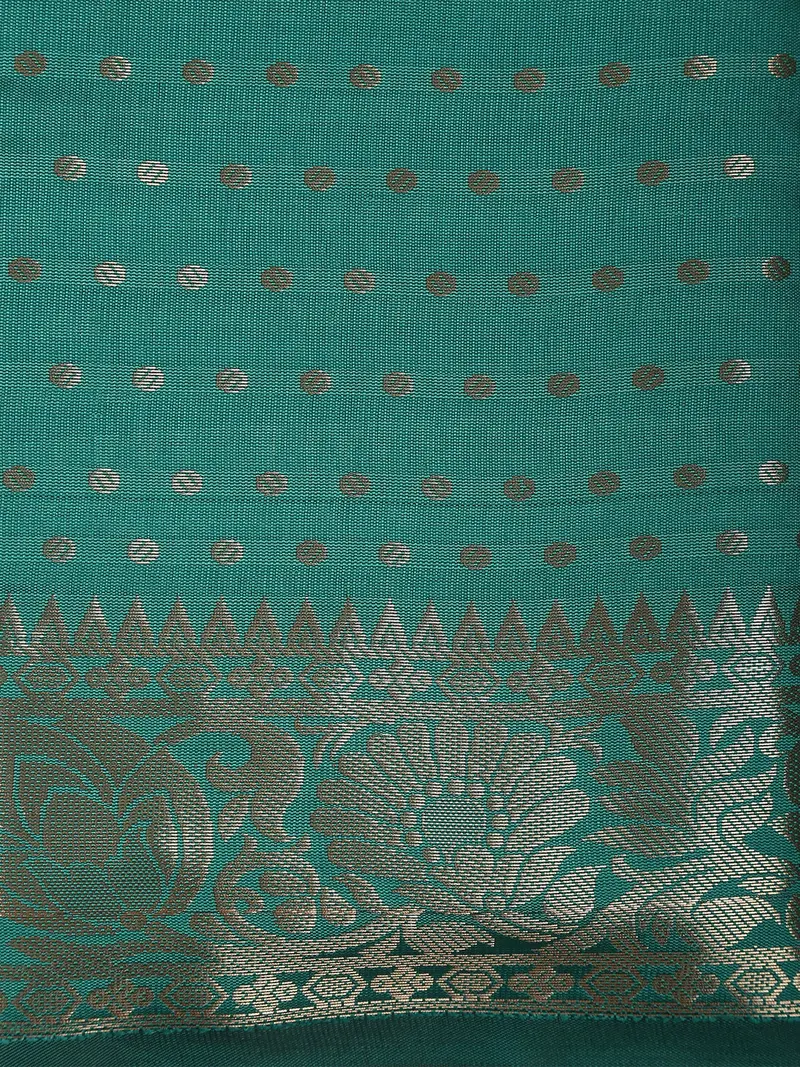 Teal Green Butta Zari Woven Design Semi Silk Saree With Floral Border 2