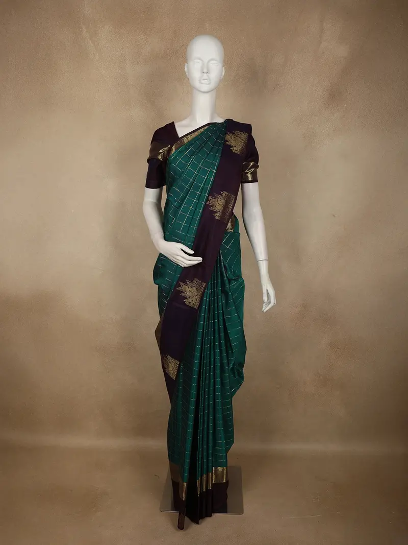 Teal Green Checked Woven Design Pure Kanchipuram Silk Saree With Contrast Peacock Border 1