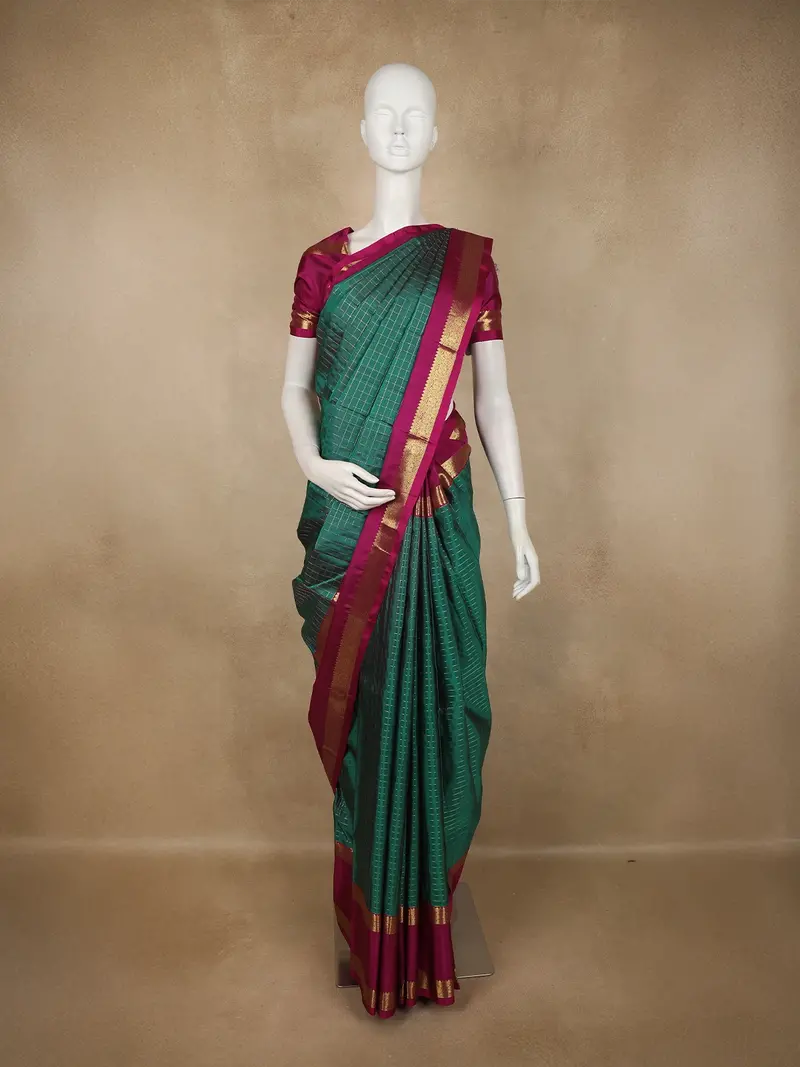 Teal Green Checks Zari Woven Design Pure Kanchipuram Silk Saree With Contrast Zari Border 1