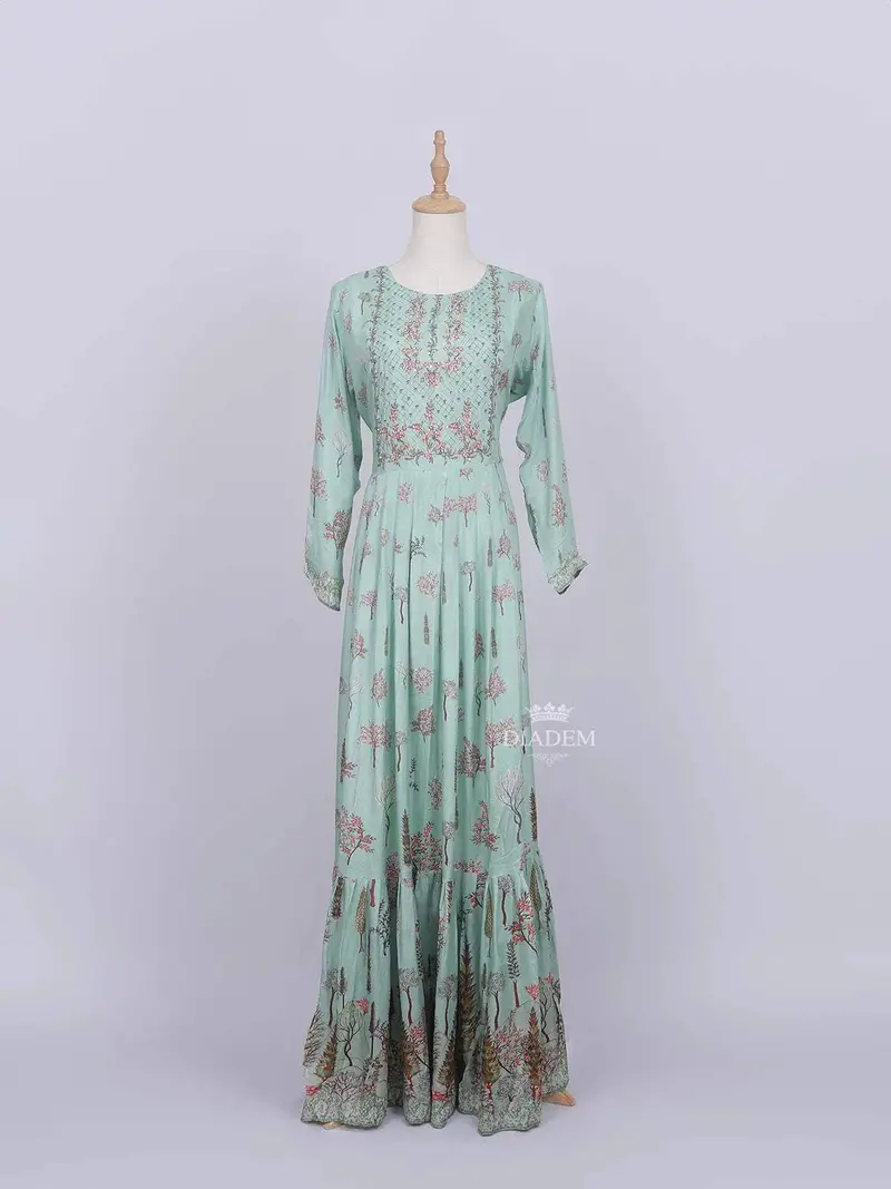 Teal Green Cotton Long Kurti Top Adorned With Flower Design Without Dupatta 1