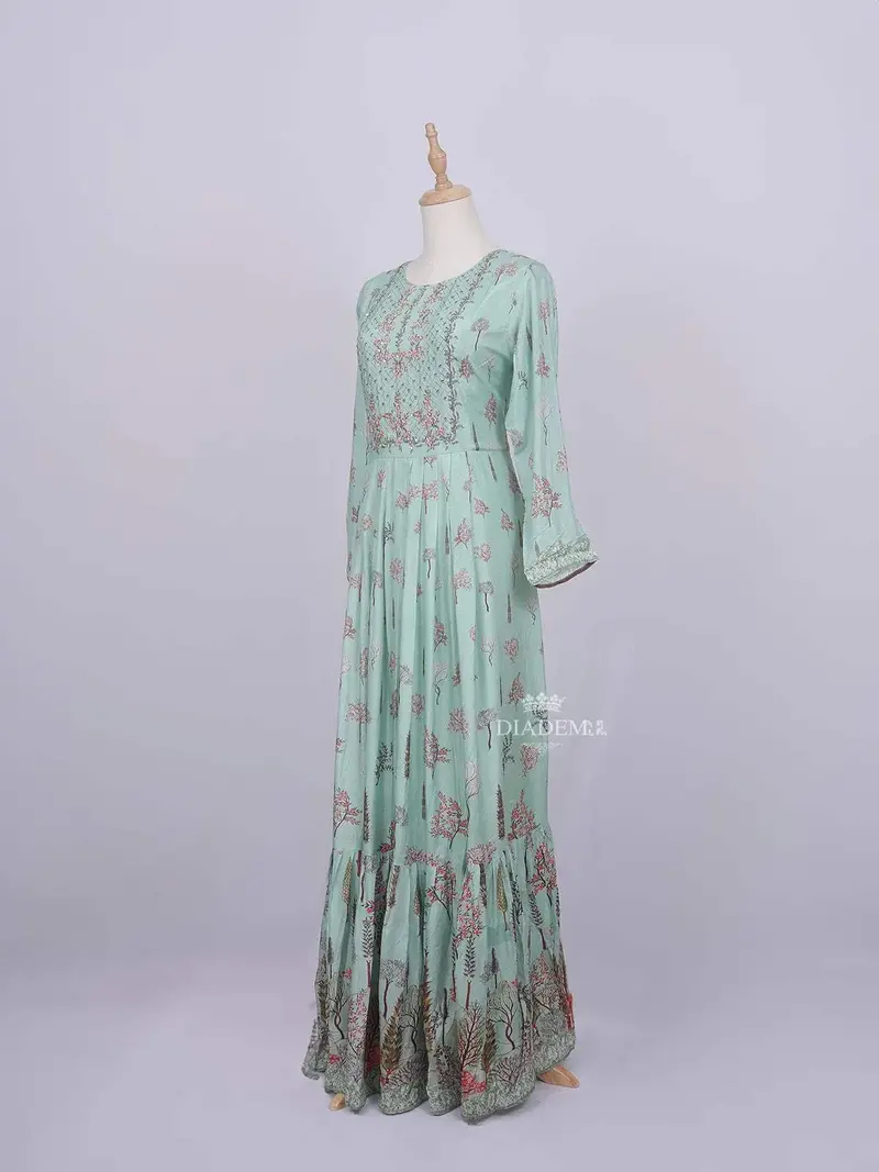 Teal Green Cotton Long Kurti Top Adorned With Flower Design Without Dupatta 2