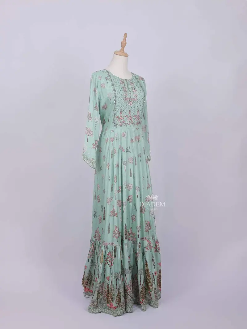 Teal Green Cotton Long Kurti Top Adorned With Flower Design Without Dupatta 3