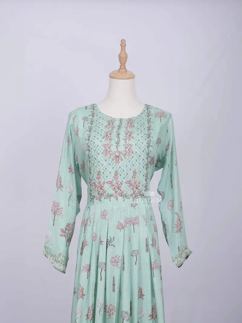 Teal Green Cotton Long Kurti Top Adorned With Flower Design Without Dupatta 4