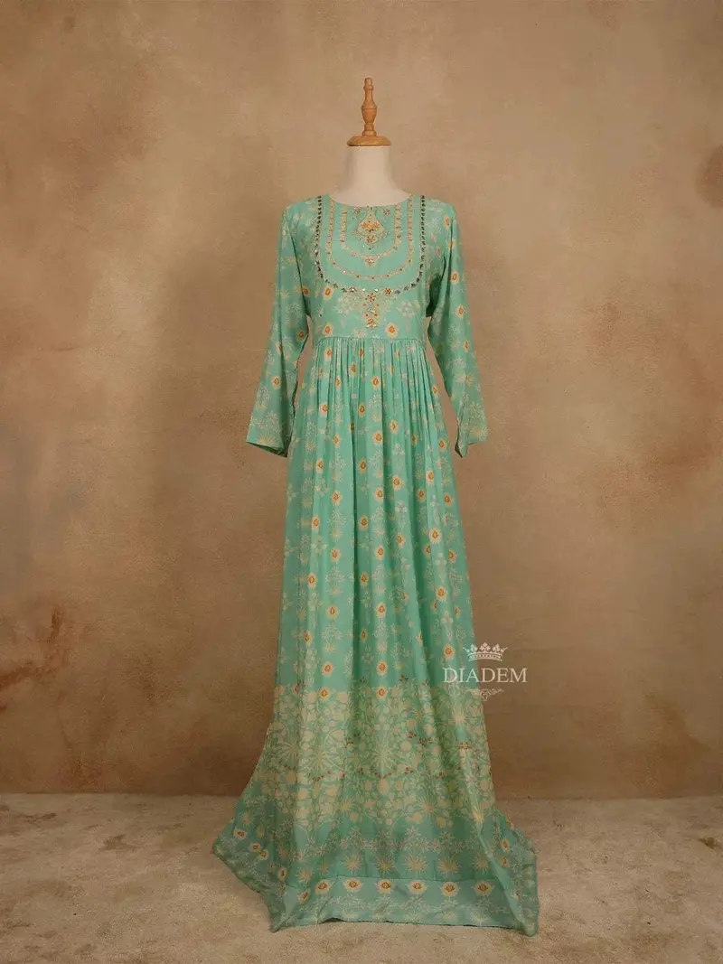 Teal Green Cotton Long Kurti Top Adorned With Sequins And Flower Design Prints Without Dupatta 1